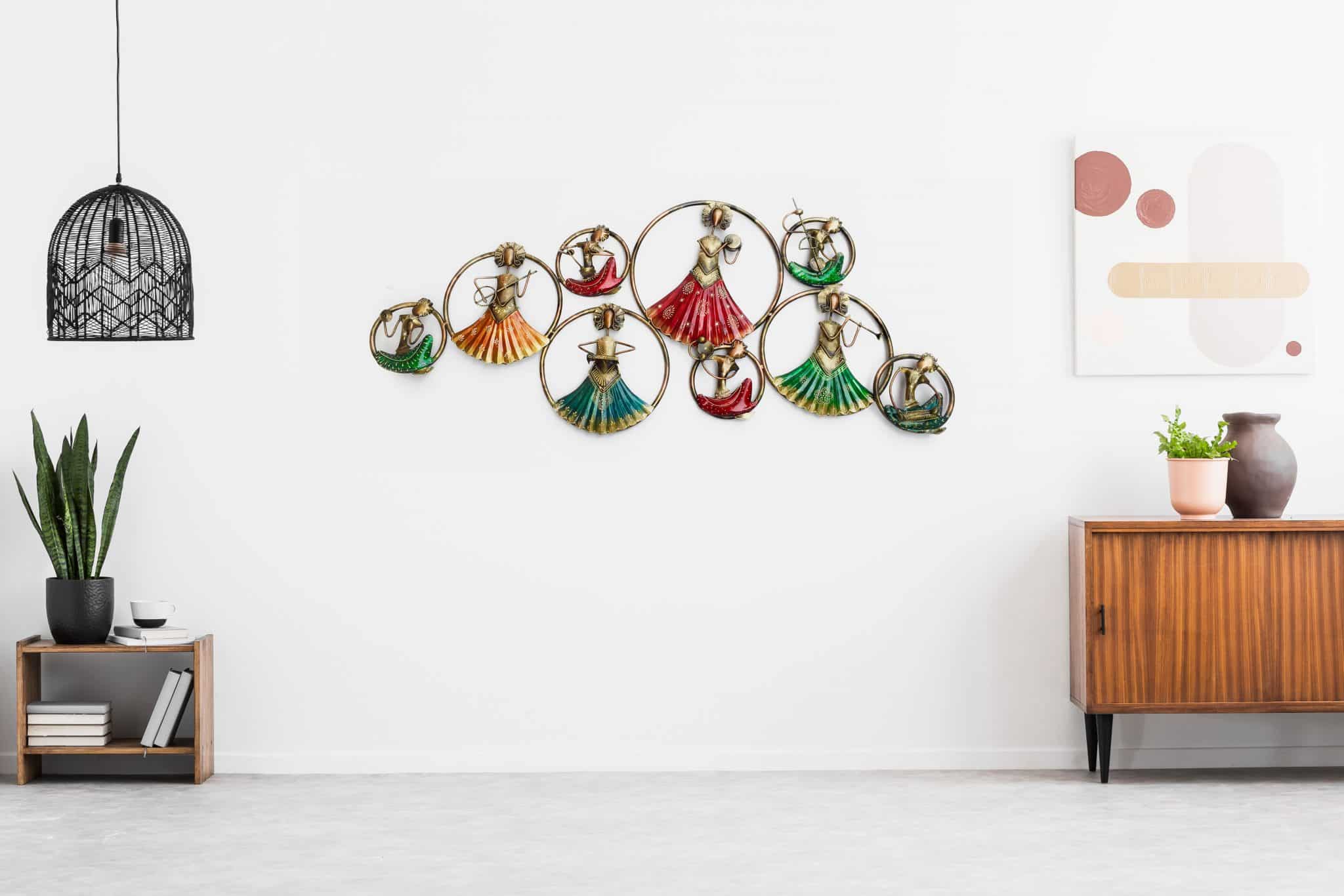 Retro, wooden cabinet and a painting in an empty living room int