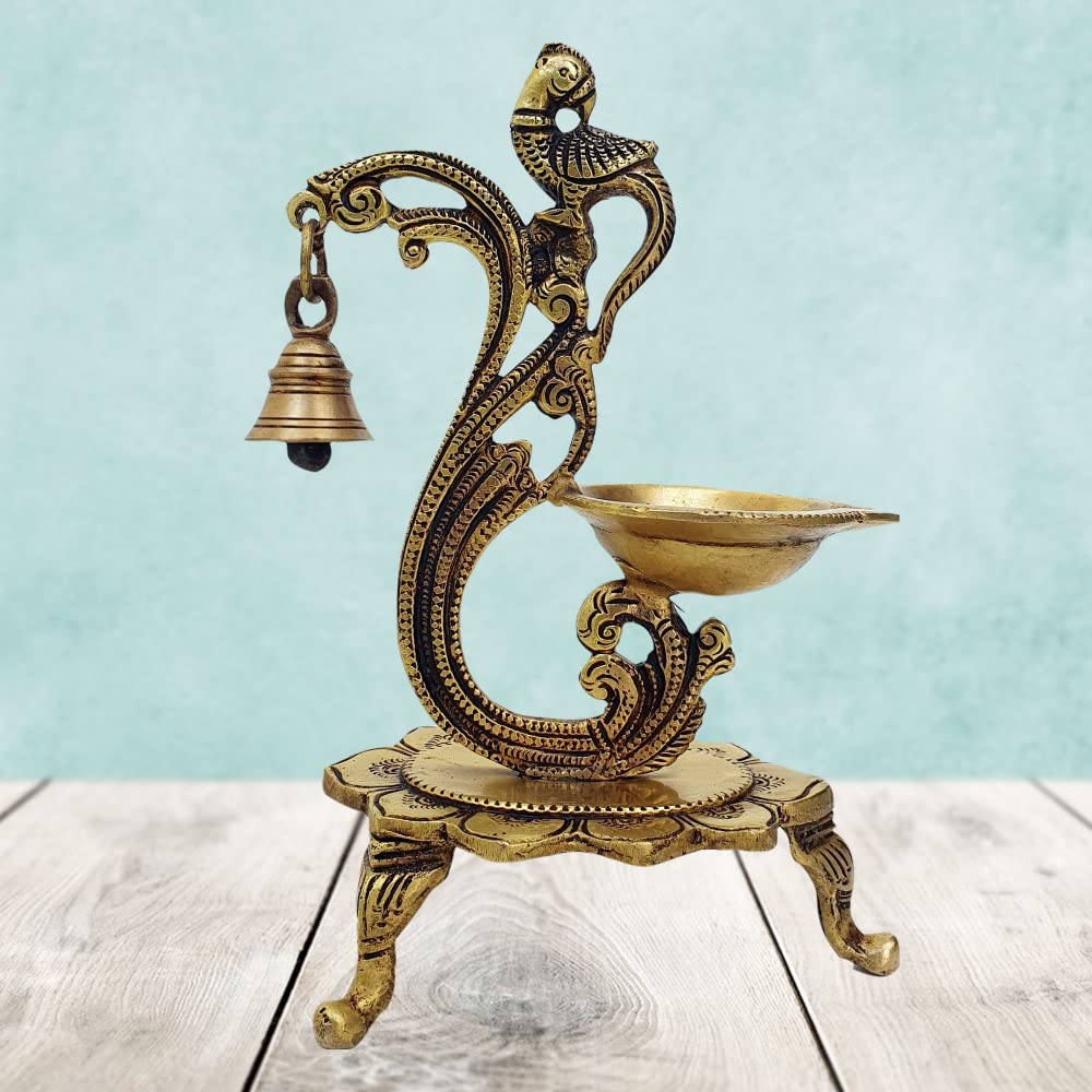Brass Peacock Diya with Bell Brass Peacock Diya with Bell
