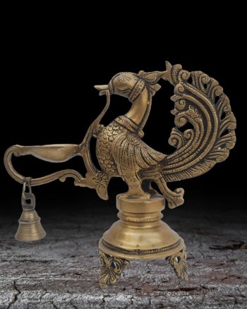 brass peacock diya with bell