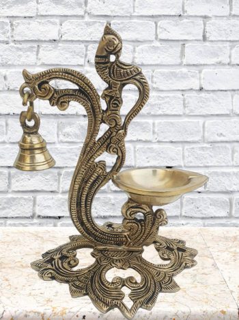brass peacock diya with bell