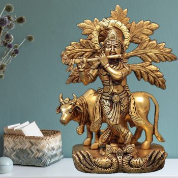 Brass Tree Krishna with Cow