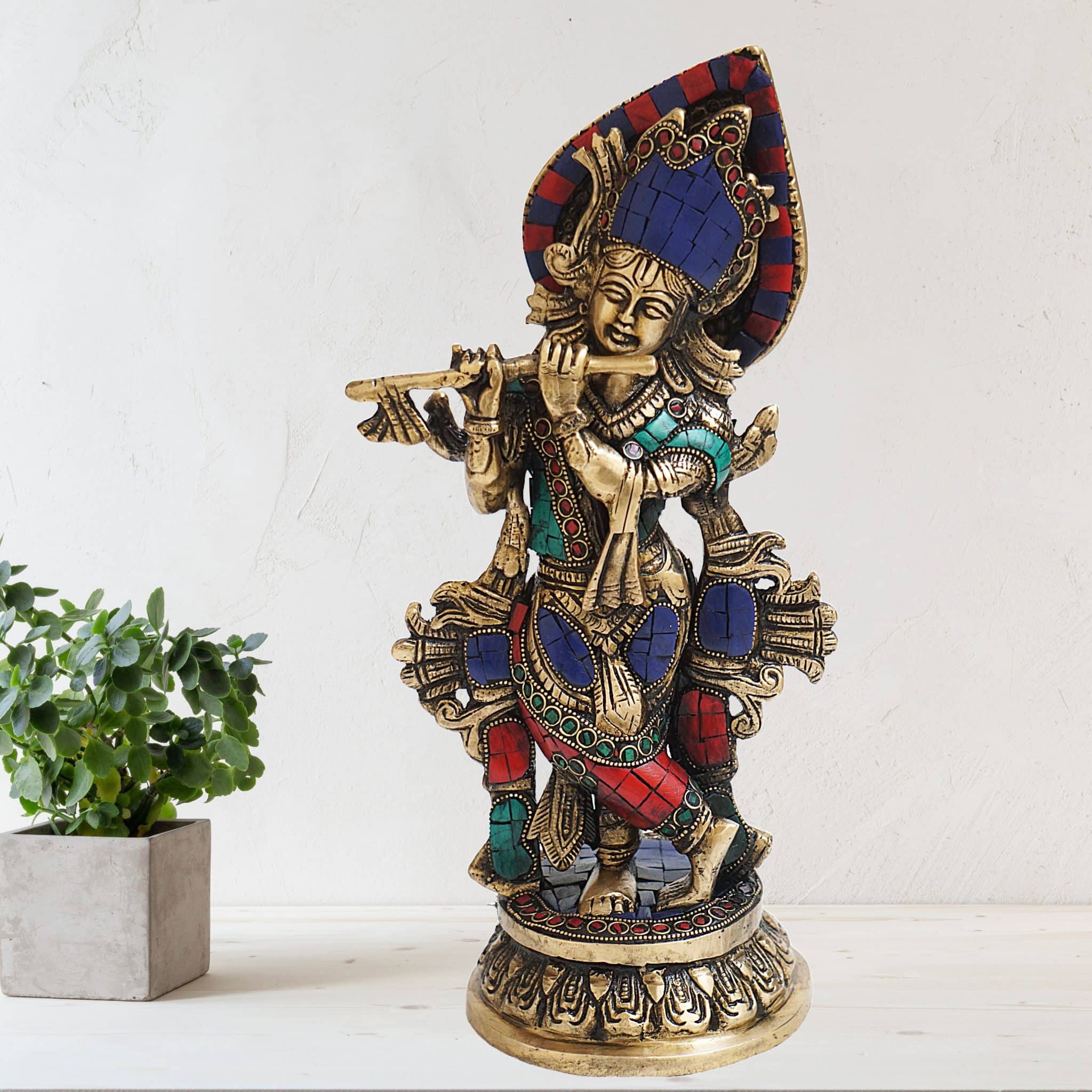 Brass Lord Krishna Idol in Stonework